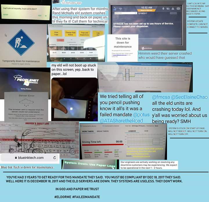wgctransport's tweet photo. @FMCSA @SecElaineChao @OOIDA @RepBrianBabin @POTUS @realDonaldTrump #ELD systems continue crashing today. Self certified yet not ready for primetime. #FAILEDMANDATE #eldorme https://t.co/xYniwzctmT