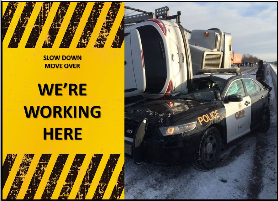 OPP_WR's tweet photo. SLOW DOWN - MOVE OVER - IT'S THE LAW
East Region OPP officer lucky to be alive after a transport vehicle hauler dumped a vehicle onto the cruiser after losing control - 401 Hwy.
#SlowDownMoveOver 
#RoadSafety https://t.co/yNVsHt1lx7