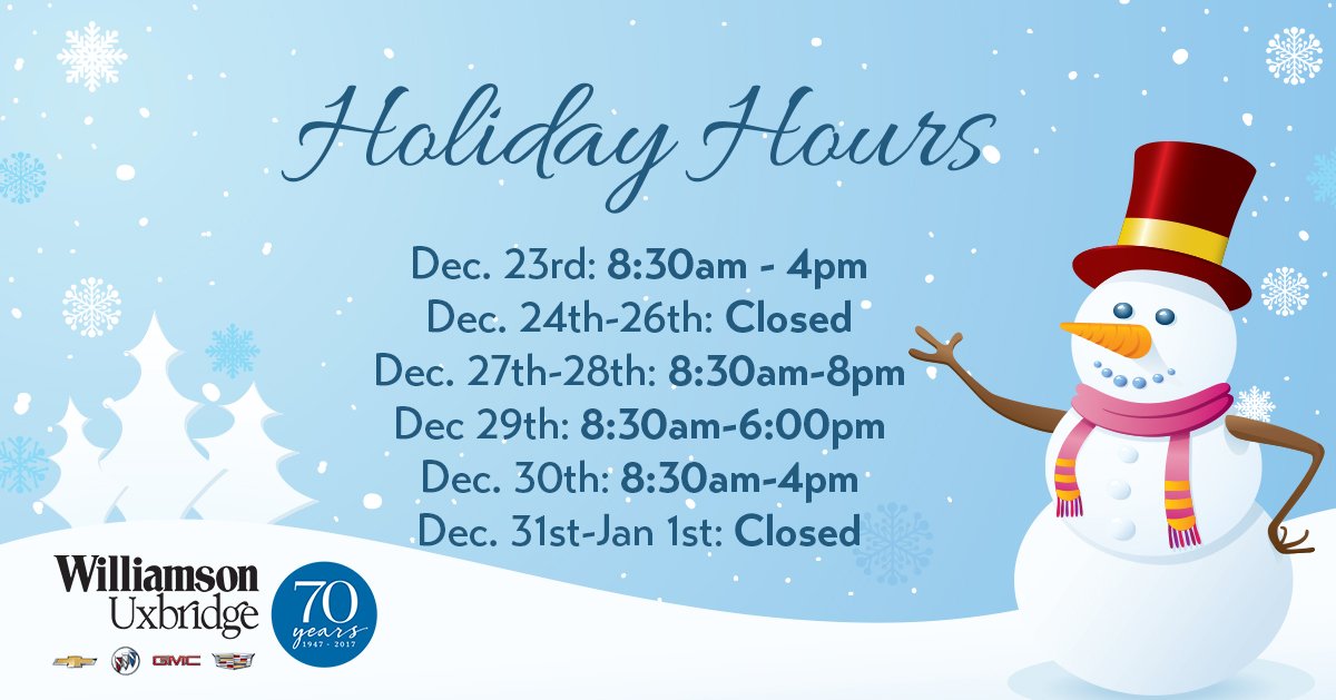 Be sure to take note of our holiday hours as Christmas and New Years are quickly approaching!