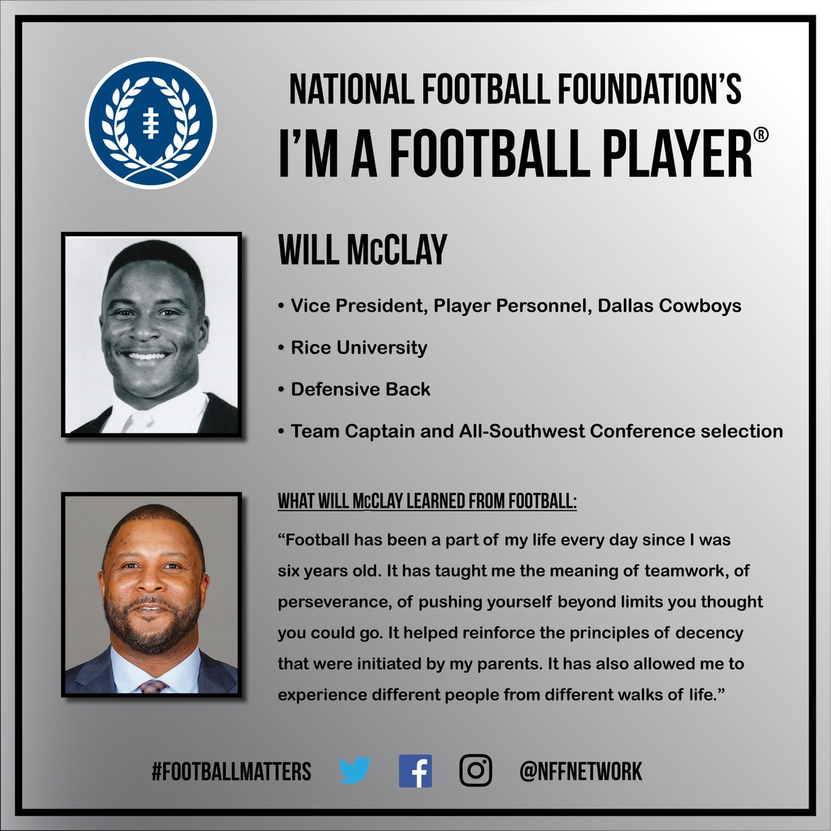 NFFNetwork's tweet photo. I'm A Football Player: Will McClay, @RiceFootball DB and @dallascowboys Vice President, Player Personnel 

#FootballMatters #ImAFootballPlayer https://t.co/8SSvfUexex