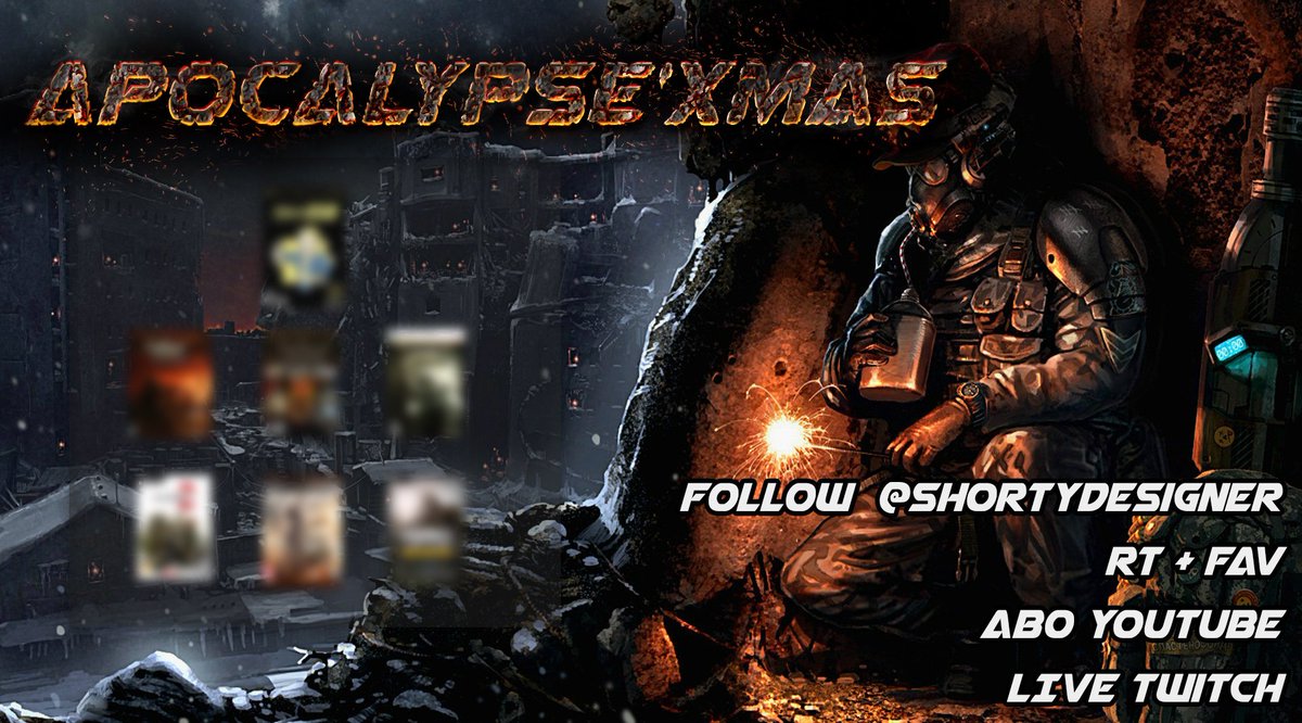 ShortyDesigner's tweet photo. Concours de Noel!
A gagner 20 jeux sur mon thème de l'apocalypse! 
Tous en version DLC compris!
Vous voulez avoir une chance de win? Easy!
Follow @ShortyDesigner 
RT +FAV
Abo a https://t.co/QLxSemGB9F
Être présent sur les lives Twitch!
Chaque étape augmentera vos chances de win! https://t.co/A5mfM4AaRJ