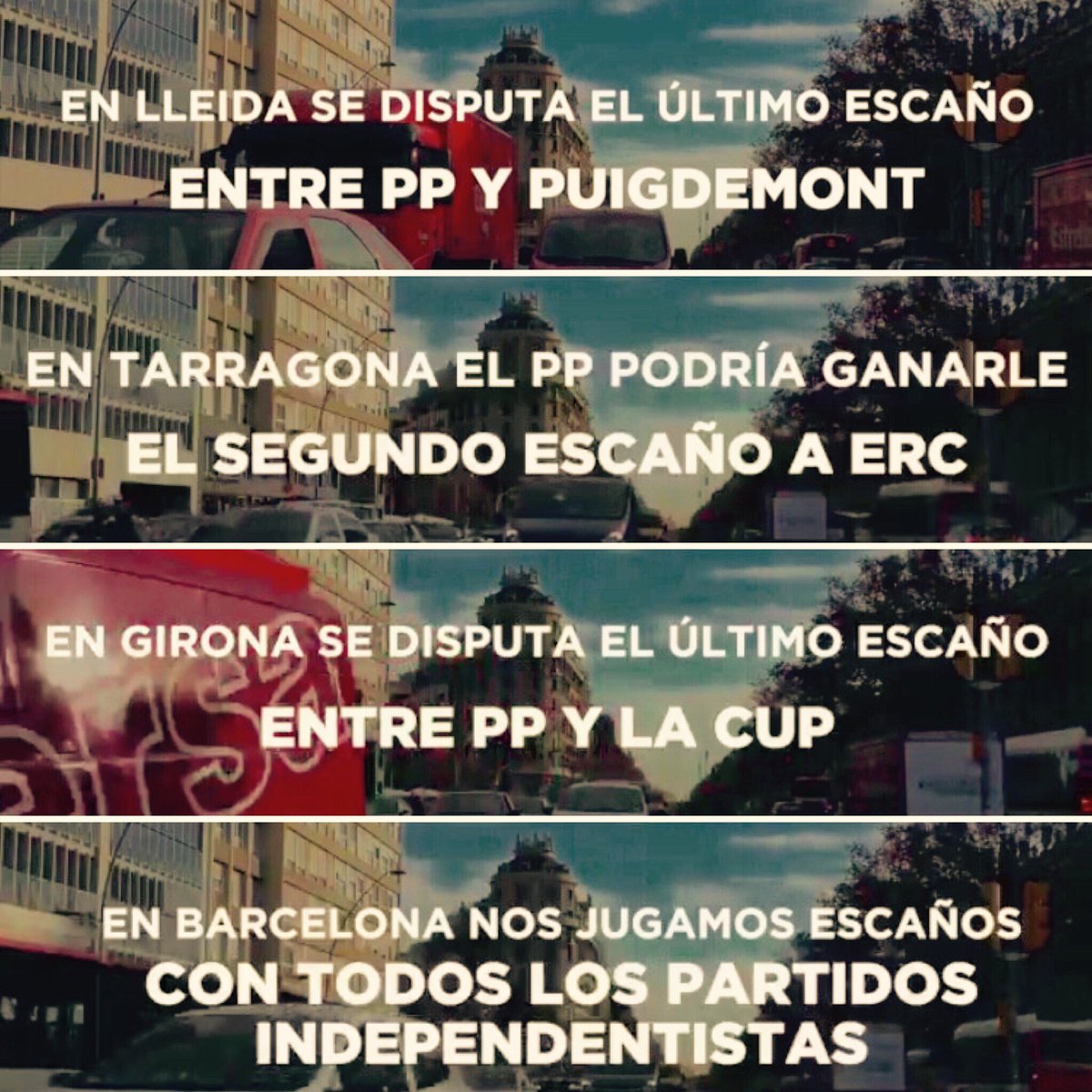 El <a href="/PPCatalunya/">PP de Catalunya</a> se está jugando 4 escaños con los independentistas:
🔵En Lleida con Puigdemont
🔵En Tarragona con ERC
🔵En Girona con la CUP 
🔵En Barcelona con los indepes.
#VotoÚtil al PP y no permitas 4 diputados independentistas!!