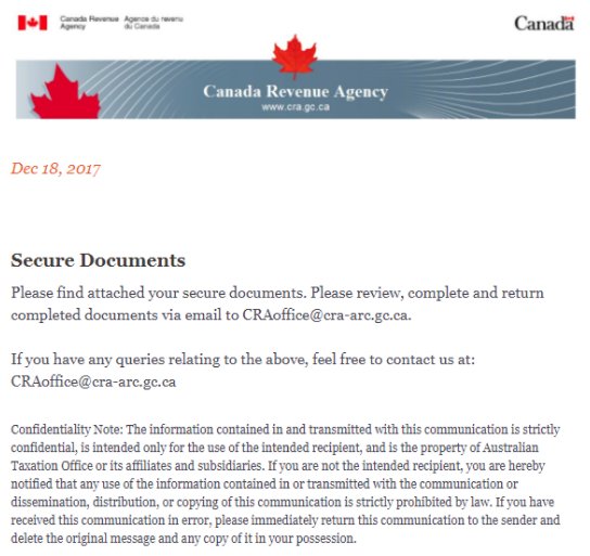 STUITS's tweet photo. Careful!! CRA Phishing email going around.  It talks about secure documents.
Notice Australian in the confidentiality statement. https://t.co/UiozmCOGde