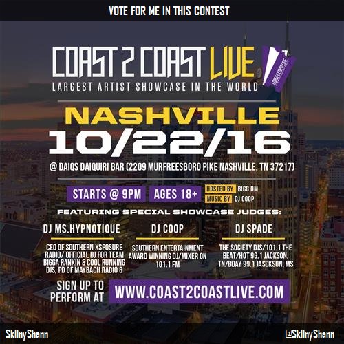 SkiinyShann's tweet photo. Vote for me to perform for $50K at #Nashville Edition 1/29/18! https://t.co/PD6BqAxhsh #Coast2Coast https://t.co/VQacA4ueuO
