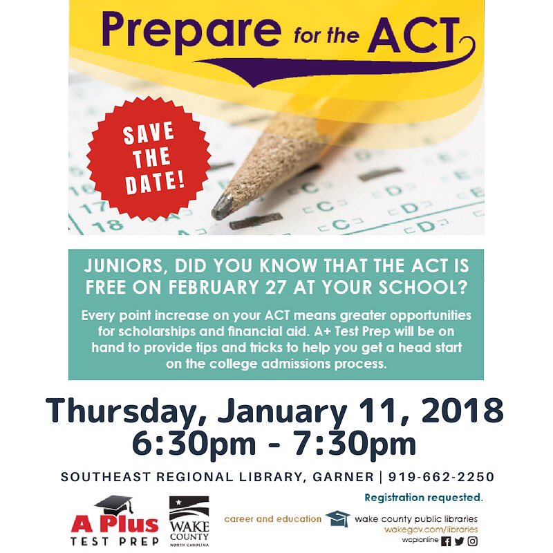 aplustestprep's tweet photo. #Garner area HS #Juniors! Plan to attend this helpful #ACT #testprep session at #SoutheastRegionalLibrary Jan 11, 2018 at 6:30pm. Free to attend, RSVP to the library. #mondaymotivation #athensdrivehs #GarnerHS #fuquayvarinahs #hollyspringshs #MiddleCreekHS #southeastraleighHS https://t.co/kBN4csT2vY