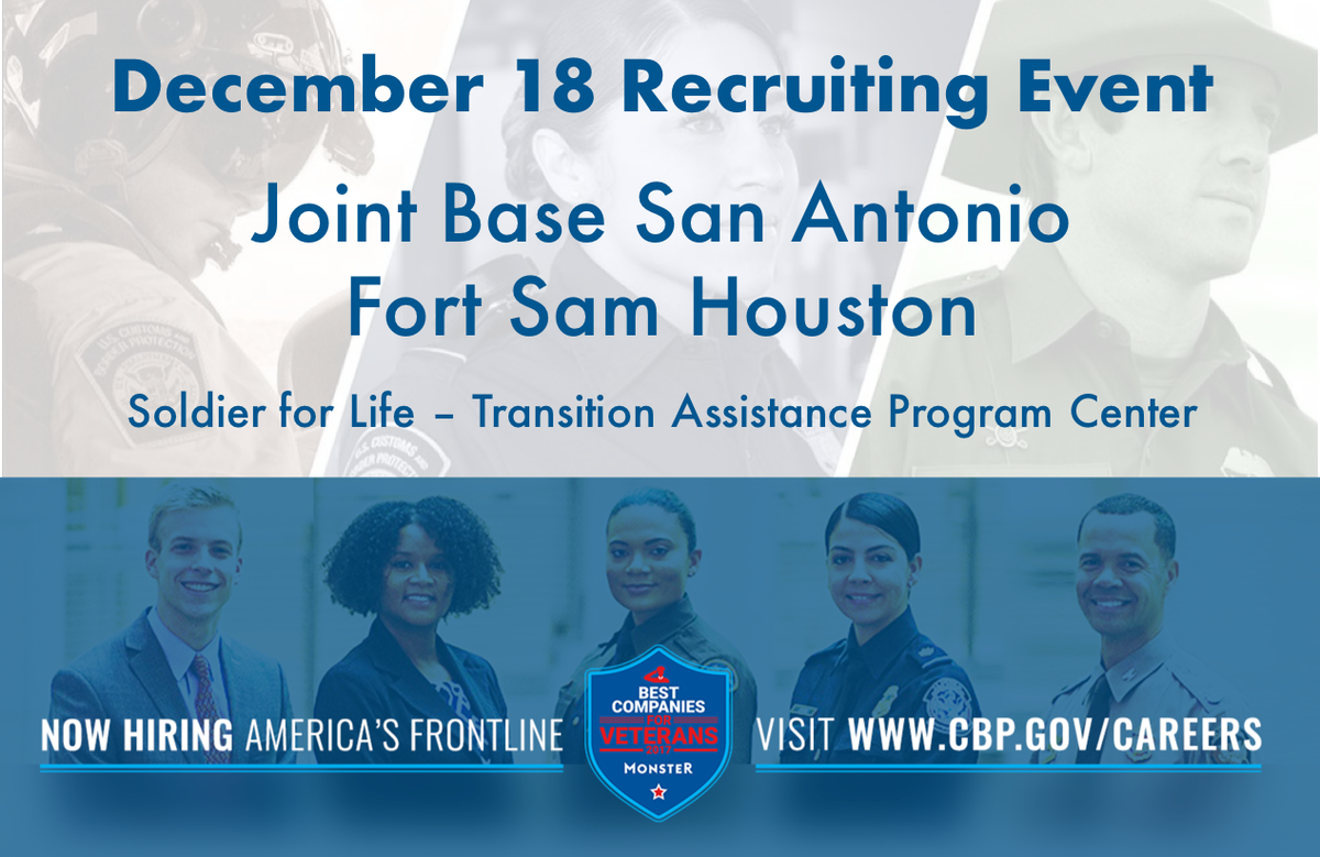 CBPJobs's tweet image. TODAY, @CustomsBorder recruiters will be @JBSA_Official / Fort Sam Houston&apos;s @csaSoldier4Life &amp;amp; #TransitionAssistanceProgram Center to talk about #CBP Careers!  Stop by and learn why CBP is one of the best places to work for #veterans.  #HireAVet #SupportOurTroops @Monster