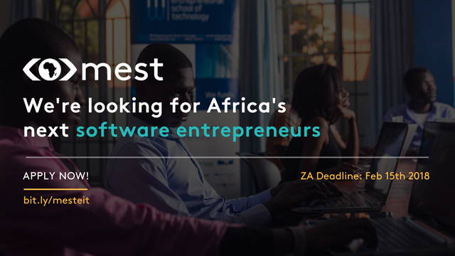 MESTAfrica's tweet photo. Applications for the #MEST Class of 2019 are now open in South Africa! Apply to join the next cohort of aspiring Pan-African technology entrepreneurs for a 1-year training program and the chance to receive seed investment.
https://t.co/YI07pYj3tb https://t.co/ctaQDe7wTR