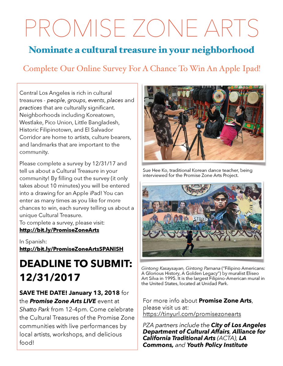 Nominate a #culturaltreasure in your neighborhood! Complete Online Survey For A Chance To Win An Apple Ipad! #losangeles #ilovela
Online Survey in Korean: bit.ly/PromiseZoneArt…
Online Survey in English: bit.ly/PromiseZoneArts
Online Survey in Spanish: bit.ly/PromiseZoneArt…