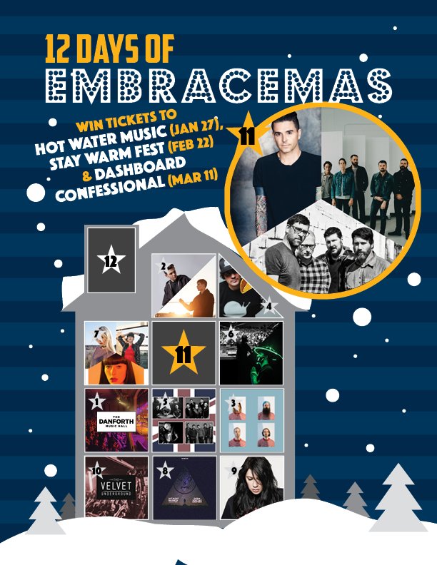 CONTEST: For day 11 of #EMBRACEMAS, we're getting in touch with our emo side at <a href="/TheDanforthMH/">Danforth Music Hall</a> + giving away 🎟s to see <a href="/HotWaterMusic/">Hot Water Music</a>, <a href="/staywarmfest/">STAY WARM</a> w/ <a href="/silverstein/">Silverstein</a> &amp; more + <a href="/dashboardmusic/">Dashboard Confessional</a>. Enter here: bit.ly/2kdYwmP