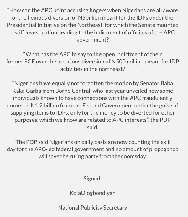 OfficialPDPNig's tweet photo. We maintain that the illegal withdrawal of $1B to fund insurgency in the North East is a ruse. No amount of finger pointing will distract the fact that the @APCNigeria is trying to use the fight against insurgency to siphon money for electioneering campaign in 2019 https://t.co/emLrzwny57