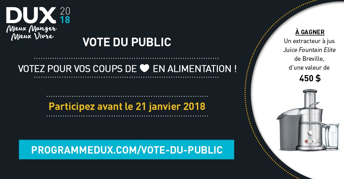Découvrez tous les participants des Grands Prix DUX 2018 et votez pour vos coups de coeur! 
#DUX2018 #MieuxmangerMieuxvivre
programmedux.com/vote-du-public…