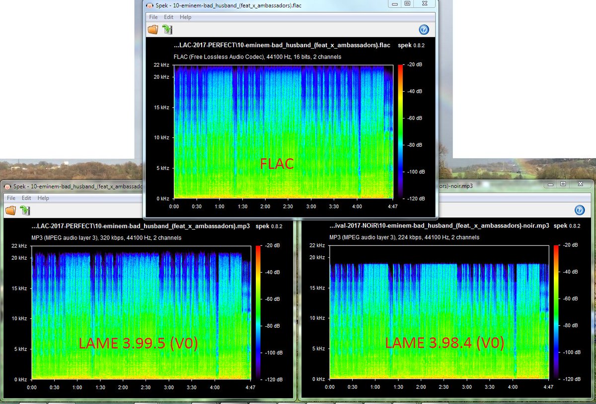 pyrescene's tweet image. LAME 3.99.5 (V0) vs LAME 3.98.4 (V0) vs FLAC differences visualized #srrdb