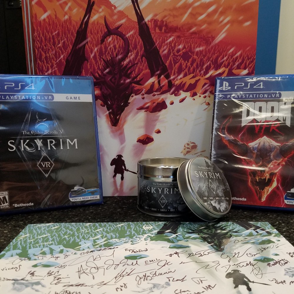 RT to enter our last #BethesdaXmas giveaway. We take you into virtual reality with your chance to win this PSVR bundle: - DOOM VFR - Skyrim VR - Skyrim custom PlayStation 4 Pro - Skyrim VR candle - Custom Skyrim VR signed sleeve Official Rules: beth.games/2ADd8WY