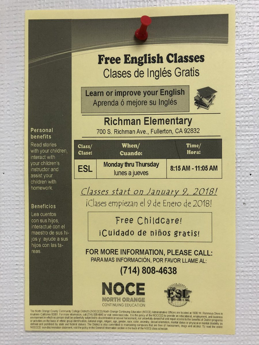 hcrios6's tweet photo. It’s official Free English Classes begins Tuesday, January 9th for all parents at Richman!! @RichmanRacers @FullertonSD https://t.co/PM5NfaaI0u