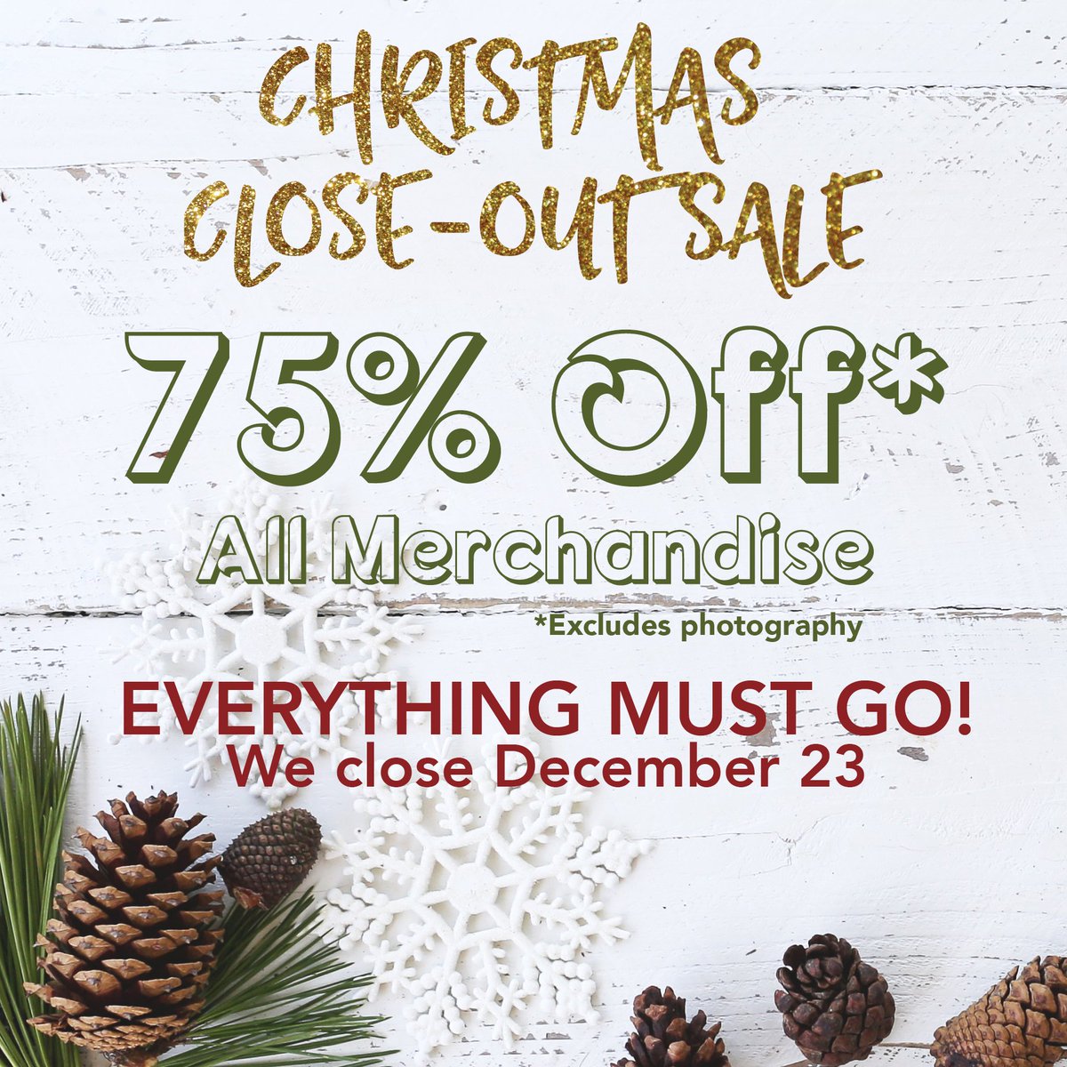 There are only SIX days left to shop our Christmas Close-Out Sale. All store merchandise is now 75% OFF!* Our store is full of  unique and eco-friendly offerings, perfect for everyone on your list. We are open every day 10 AM - 6 PM through December 23. (*Excludes photography)