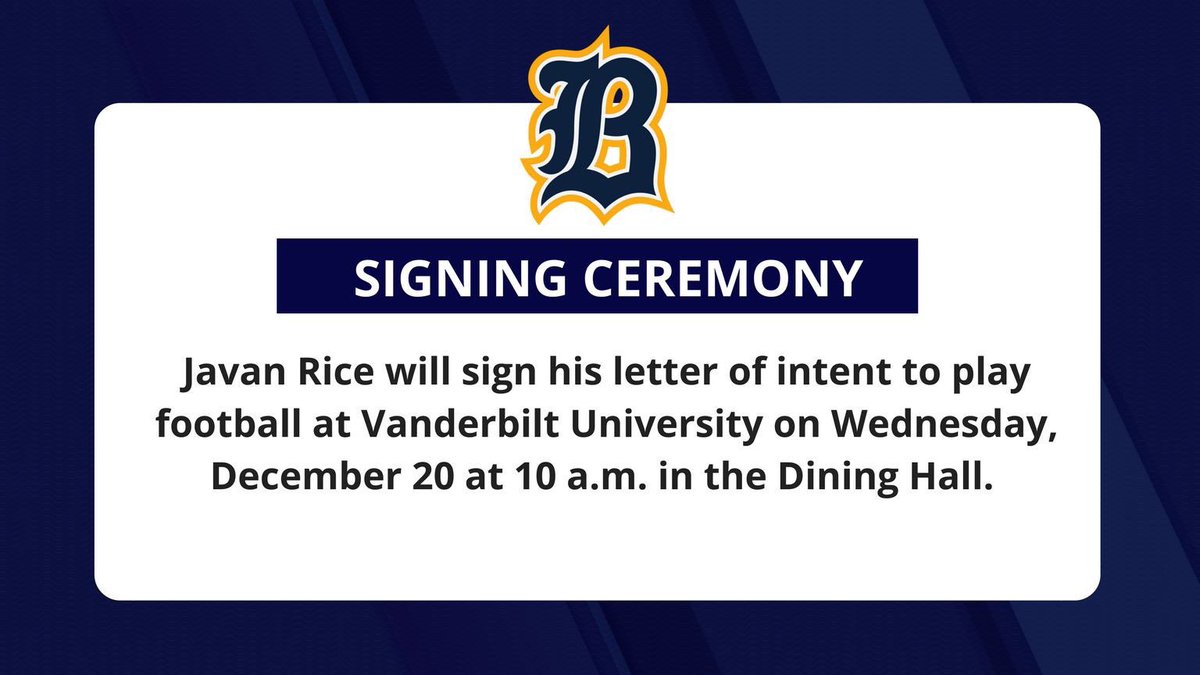 BelenJesuitNews's tweet photo. The #BelenJesuit community is proud to announce that Javan Rice will sign his letter of intent to play football at Vanderbilt University on Wednesday, December 20 at 10 a.m. in the Belen Jesuit Dining Hall. #BelenFootball #GoWolverines https://t.co/0P7leXIvia
