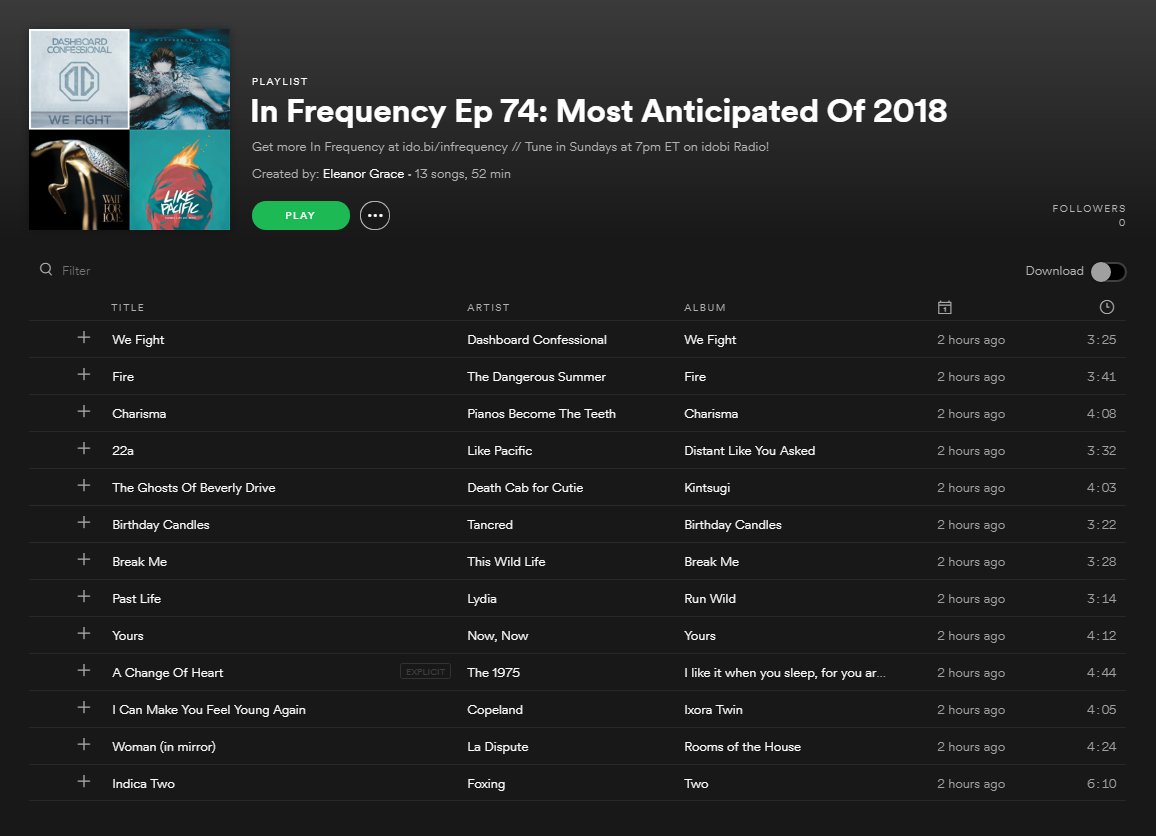 eleanorgrace's tweet photo. #InFrequency's most anticipated of 2018 playlist is up now on @Spotify! If you listen to it every day the year will be over faster, maybe https://t.co/GejcWcMkTp https://t.co/RDgpygFtG5