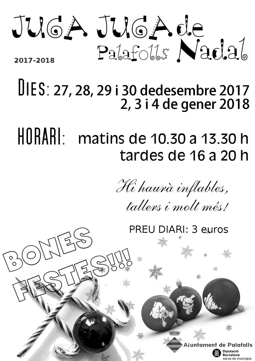AjuntamentPLF's tweet photo. Per les festes de #Nadal, l'Ajuntament torna a habilitar el gimnàs de l'escola Mas Prats i el Palauet per convertir-los en parcs de Nadal que facin les delícies dels petits de la casa. Us hi esperem! Consulteu horaris i dates! #festesPLF #serveisPLF @radiopalafolls https://t.co/pGU7fvHC8o
