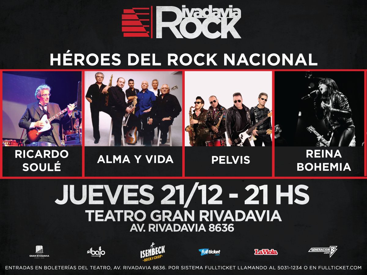 Este jueves 21/12 hay fiesta en @rivadaviarock: los héroes del rock nacional despiden el año a lo grande 😎 Sacá tu entrada en goo.gl/6bJLp2 😜