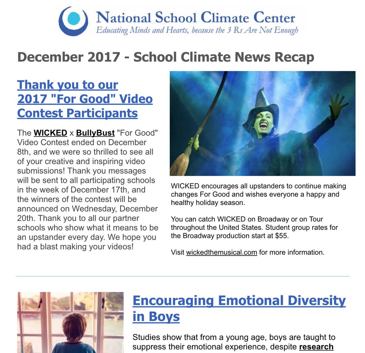 schoolclimate's tweet photo. The December School Climate News Recap is out now - Encouraging Upstanders "For Good" #schoolclimate #upstanders #BullyBust #WICKED
https://t.co/kLAaYKHtwb https://t.co/gNVq00MLgj