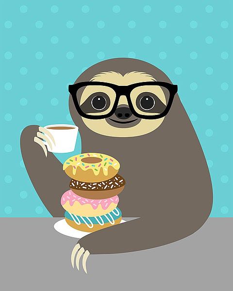 ImageConscious's tweet image. a sloth drinking coffee seems perfect for  #MondayMotivation. Enjoy this sweet illustration from Nancy Lee. #sloth #donuts #Mondays imageconscious.com/detail.php?pid…