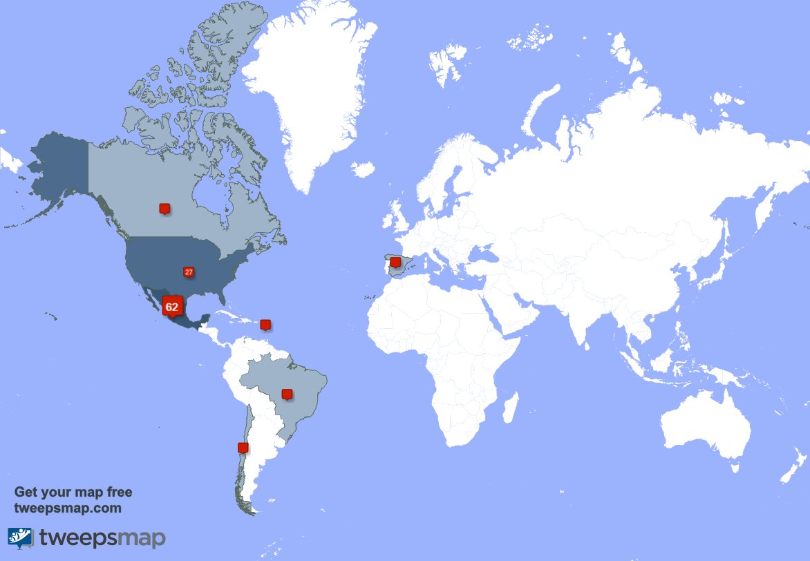 Mis seguidores viven en México(61%),Estados Unidos(27%),Guadeloupe(2%) y más tweepsmap.com/!encuentroguad…