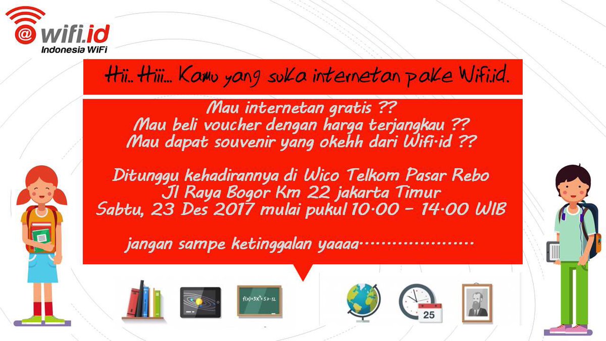 wifiid_jaktim's tweet photo. INTERNETAN GRATIS SABTU INI~~ (23/12/17) di Wifi Corner Telkom Gandaria &amp; Wifi Corner Telkom Pasar Rebo ya.. mulai jam 10! https://t.co/wzl1rOMMTX