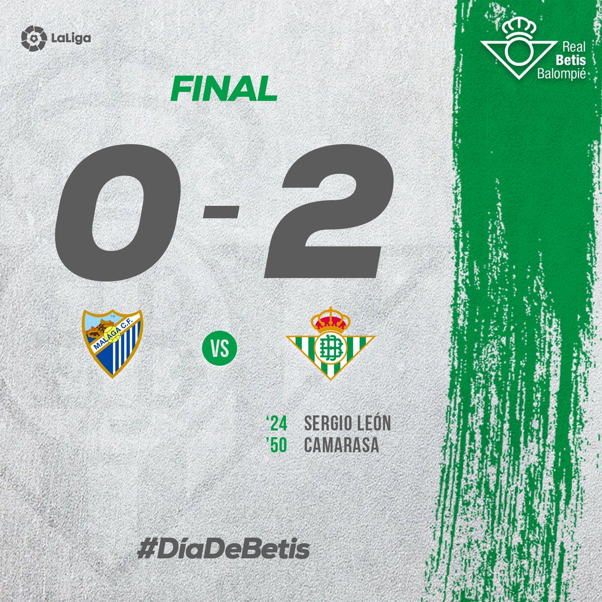 RealBetis's tweet photo. 90' ⏱⚽️ ¡Final del partido con victoria verdiblanca en La Rosaleda! 👏👏

🔵⚪️ #MálagaRealBetis 0-2 💚⚪️

#DíaDeBetis4 https://t.co/mns6wnad5A