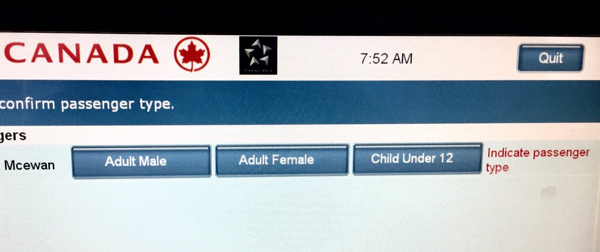 MoMcEwan's tweet photo. Someone savvier please explain. Alternatively, @AirCanada could speak to it. Why the gender information is needed for adults at all escapes me. Or why there isn't at least an "Other" category is equally baffling. I choose "Quit"?
#aircanada #genderbinary #securitypurposes? https://t.co/ovAVQMN7X7