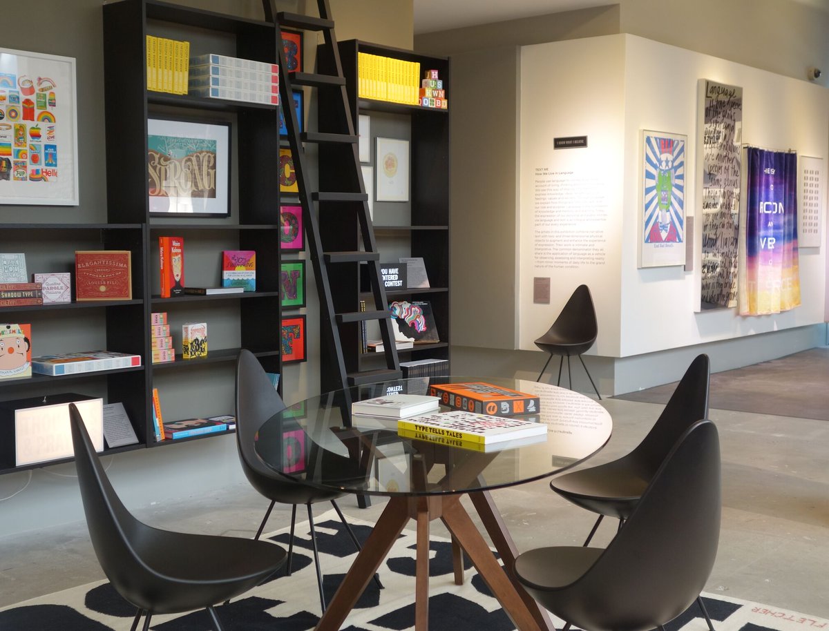 modatl's tweet photo. Have you toured our current exhibit on view through Feb 4, #TextMe: How We Live in Language? Come relax in a #dropchair on the #AlanFletcher rug as you peruse a library of incredible books and works all about text and language! https://t.co/Nqz2Irr8K3