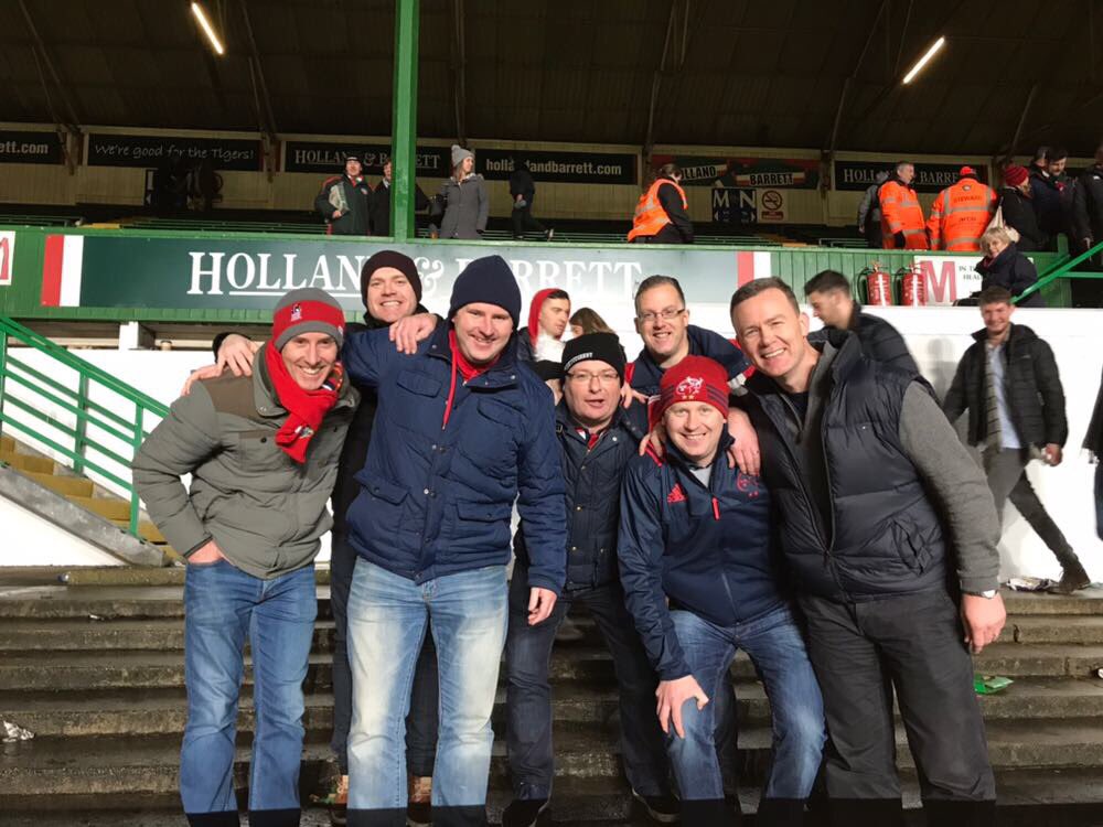 meademp's tweet photo. 3rd year in a row going to Welford Road with this crew and finally got the result yesterday on a great weekend for @Munsterrugby. Special mention to @LeicesterTigers, big rivals on the field but top class supporters off it 👏👏 https://t.co/1ph0Gkp7Xm