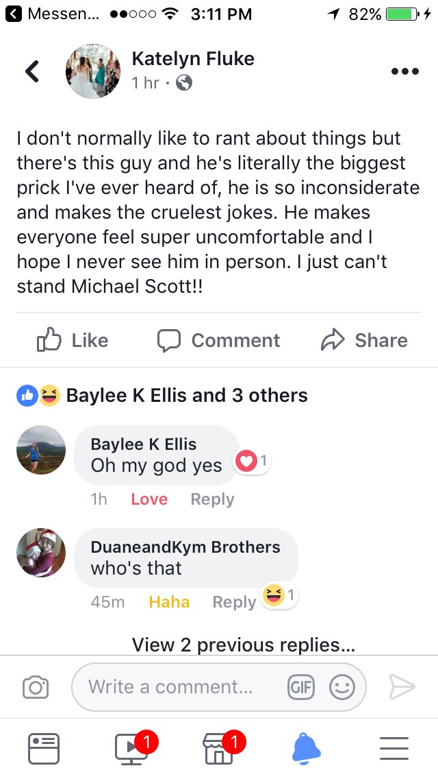 KatelynRFluke's tweet photo. I posted about how annoying Michael Scott from the office is and my mom thought he was a real guy I knew 😂 https://t.co/PAaK9PKBFp