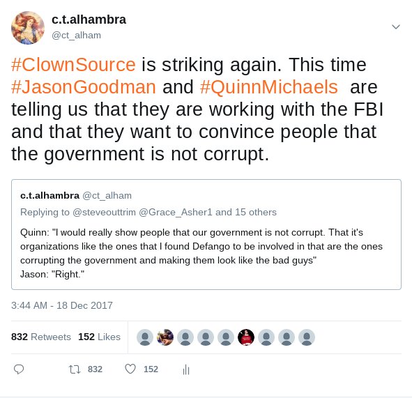 ct_alham's tweet photo. Someone is spoofing my tweet ;-) lol
My tweet about #ClownSource #JasonGoodman and #QuinnMichaels has become a block buster with 820 retweets and counting. Upon closer inspection this obviously is the work of a social media bot army. https://t.co/RNN3b4JYKp