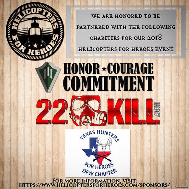 Each year we choose different veteran’s charities to give our proceeds to. We’re honored to have @hccvet , @22kill_actual and TX Hunters for Heroes as our 2018 benefactors. #veterans #helicoptersforheroes #proudtobeanamerican #USA #cantwait 🇺🇸