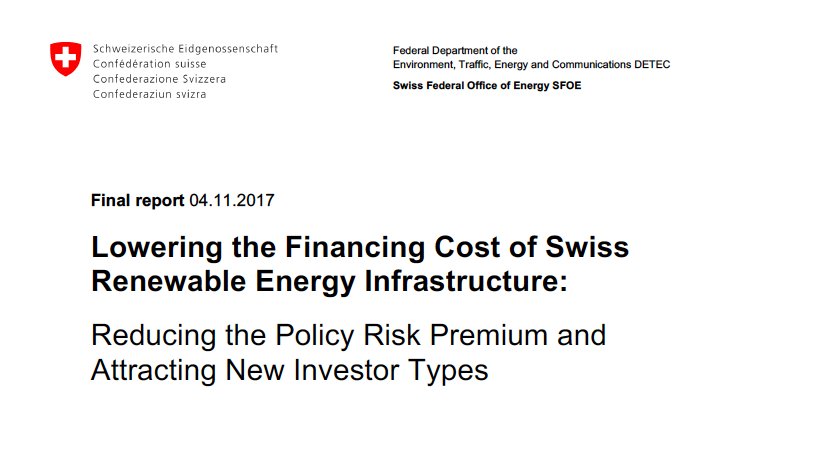 wuestenhagen's tweet photo. Out now: Lowering the financing cost of Swiss #RenewableEnergy #infrastructure. Results of our 2-year research project funded by @BFEenergeia https://t.co/qusipYLrZP #softcost #windpower #hydropower #policyrisk #cleantech #investment #nstitutionalinvestor https://t.co/yf9LwlA7bW