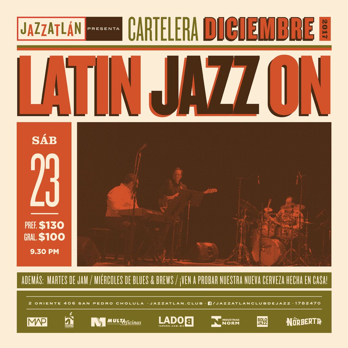 Antes de que la Navidad nos alcance y todo se vuelvan villancos, ¡#Jazzatlán se pone muy latino y trae a #Cholula a Latin Jazz On!
COVER $130 Preferente / $100 General
*Reservaciones únicamente vía Whatsapp al 2228387569
#jazzmx #música #drinks #latinjazz