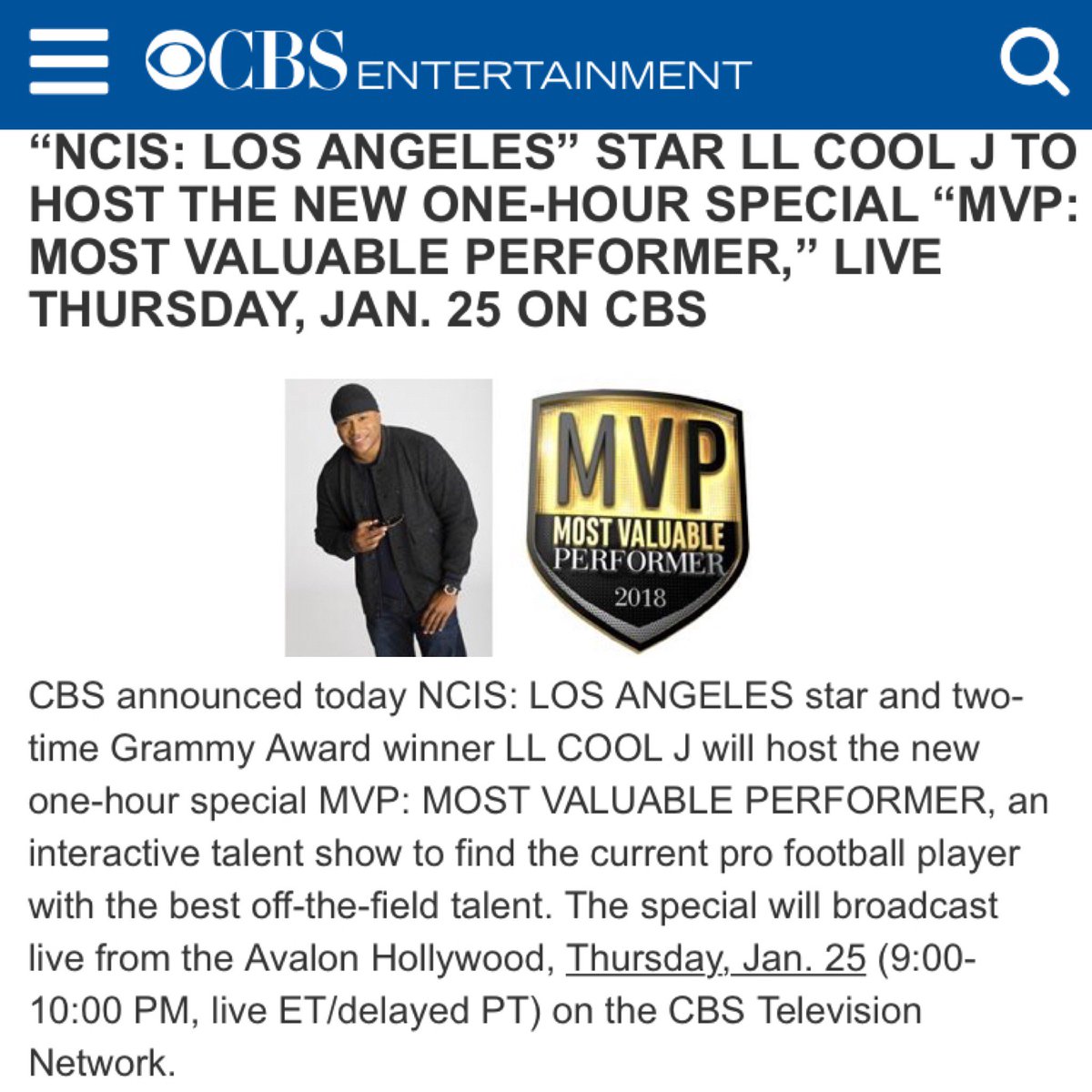 llcoolj's tweet photo. We're looking for the best of the best on MVP: Most Valuable Performer !!! 💪💯 Excited to bring to the people an all new one-hour interactive show with @CBS to find the pro football player with the best off-the-field talent! See you Jan 25th for the live special 9/8c on @CBS 📺 https://t.co/jxhah1Bhlz