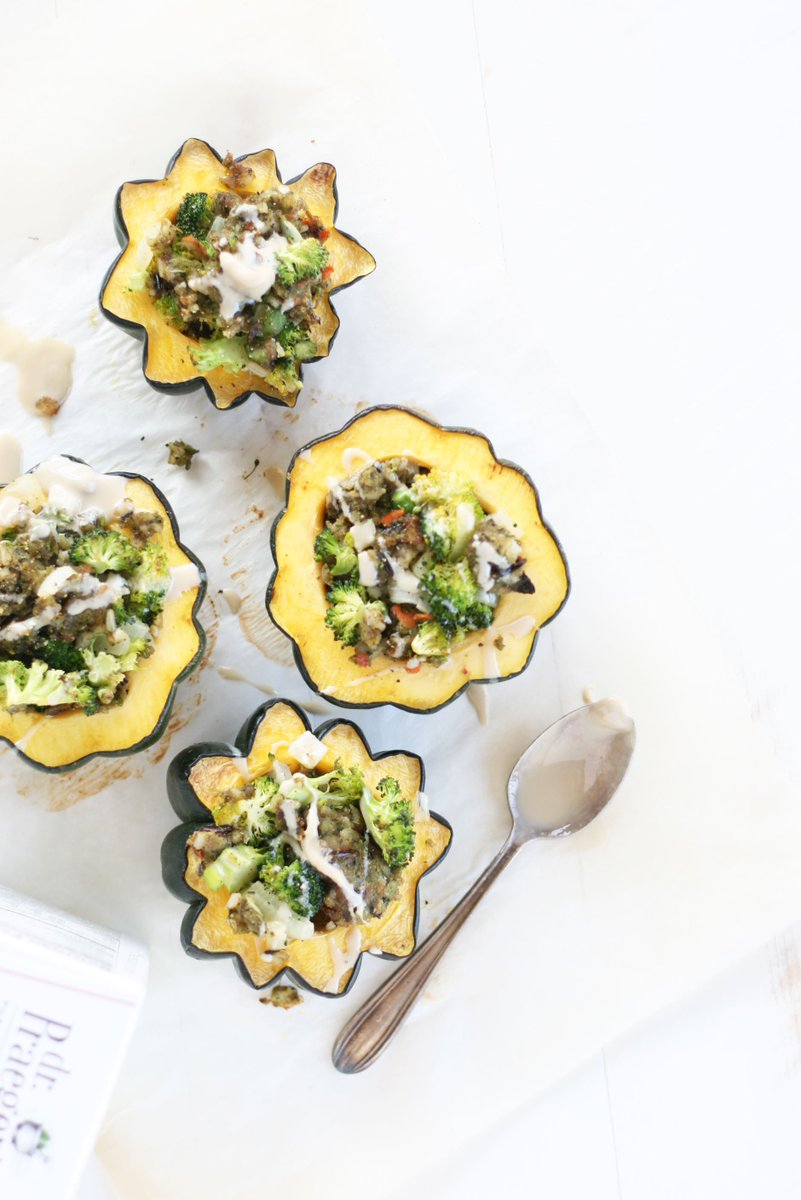 NEW recipe: Acorn squash stuffed with <a href="/DrPraegers/">DrPraegers</a> mushroom risotto veggie burgers + broccoli: so cute + so yum! vegukate.com/post.php?s=201…