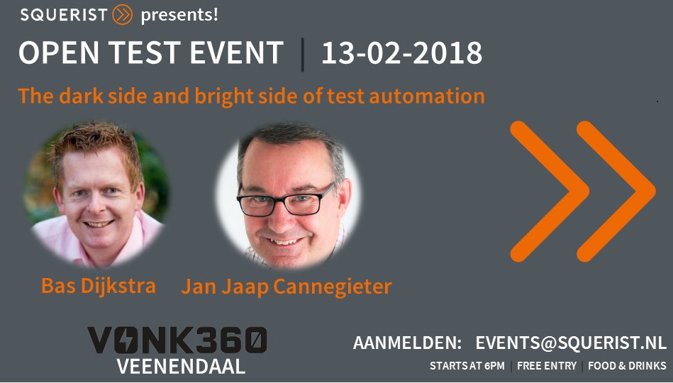 Squerist's tweet photo. Graag nodigen wij je dinsdag 13 februari 2018 uit op ons OPEN TEST EVENT. Is er balans tussen 'the dark side' en 'the bright side' van testautomatisering? Je hoort het van onze top sprekers in dit genre: @jjcannegieter en @_basdijkstra. Aanmelden kan via events@squerist.nl https://t.co/8FYrpJ3Q67