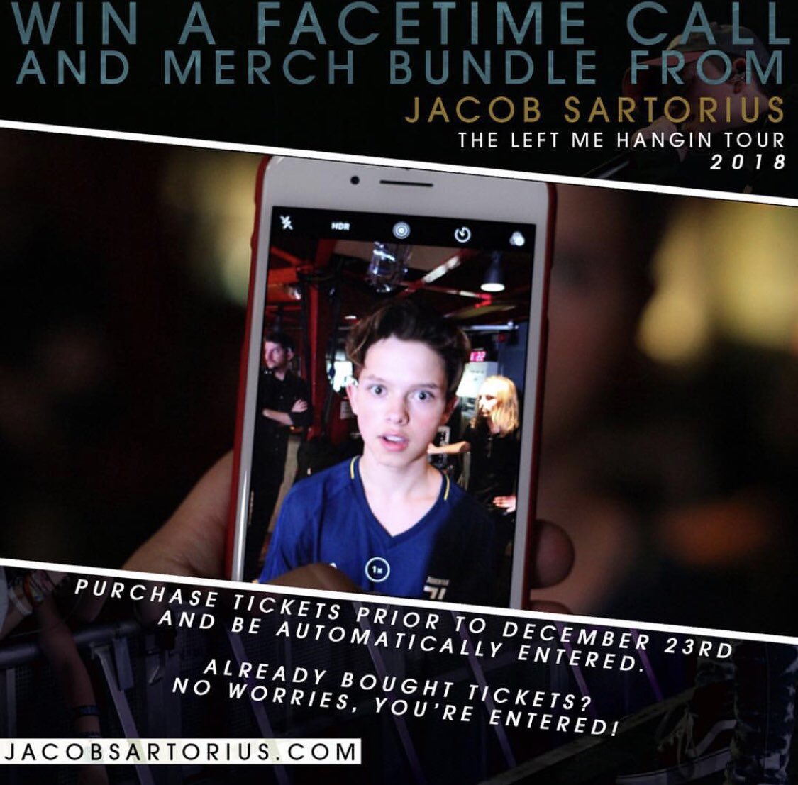 JacobAlerts's tweet photo. Don’t forget!!! You can win a FaceTime call and a merch bundle if you get tickets to the upcoming #LeftMeHangin tour before December 23rd 😳
Tickets @ https://t.co/Pr6eBZ5okI https://t.co/uxPYBljNJo