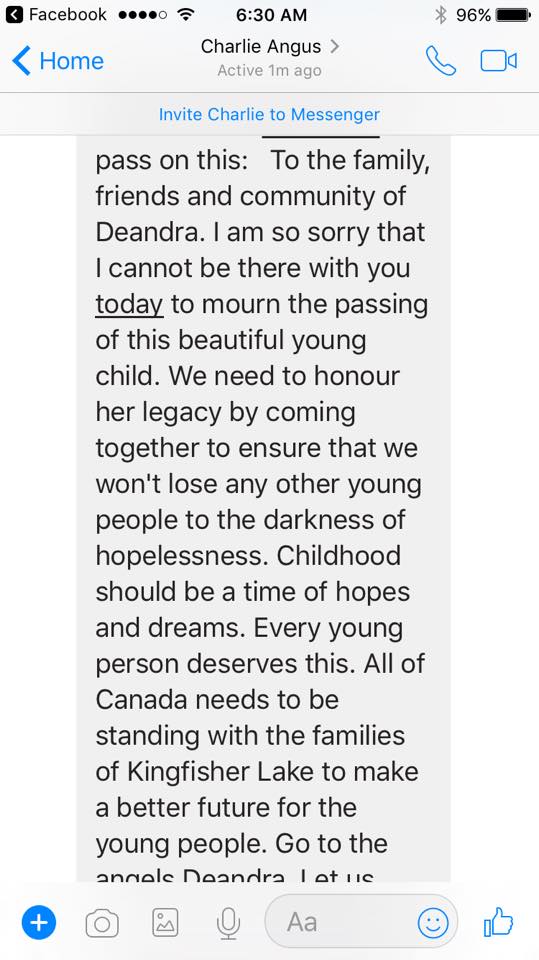 CharlieAngusNDP's tweet photo. My prayers are with the people of Kingfisher Lake who said goodbye to 13-year-old Deandra Anderson.We are losing children all the time in the north. What kind of nation watches the death of its youth and isn't willing to move mountains to stop it? https://t.co/6DdJz3e6L9