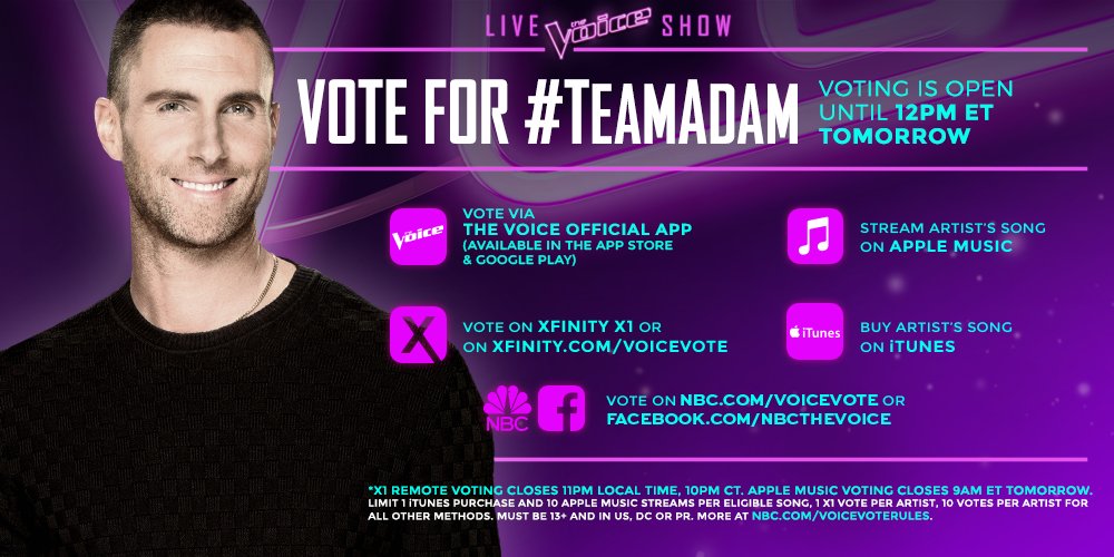 maroon5's tweet photo. Let's get #TeamAdam the win! Vote for @addisonagen on the #VoiceFinale tonight! https://t.co/vkB7uRHJxj