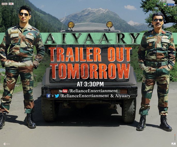 BeingRealSidian's tweet photo. #AiyaarTrailer will be out at 3:30 PM! @S1dharthM @aiyaary @neerajpofficial @RelianceEnt 🇮🇳 https://t.co/UaTwyBVGTd