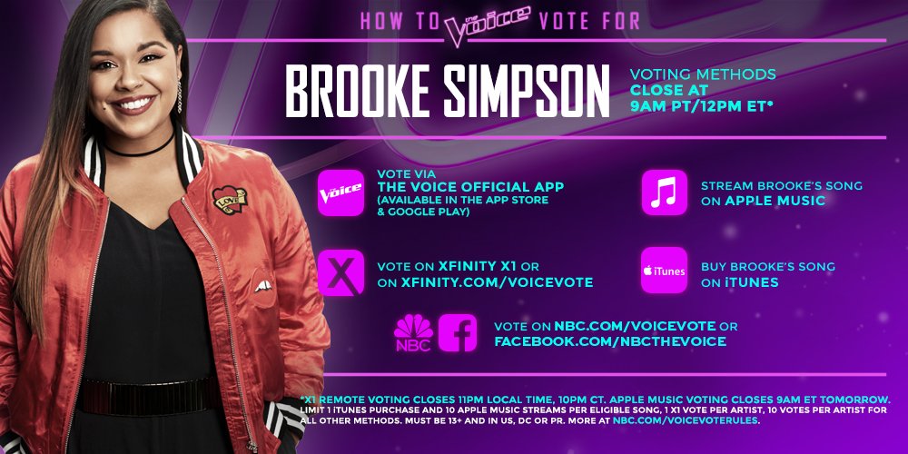 RT if you’re giving your final votes to @brookesimpson because you think she's continued to prove that she's The Voice. 😱 #VoiceFinale
