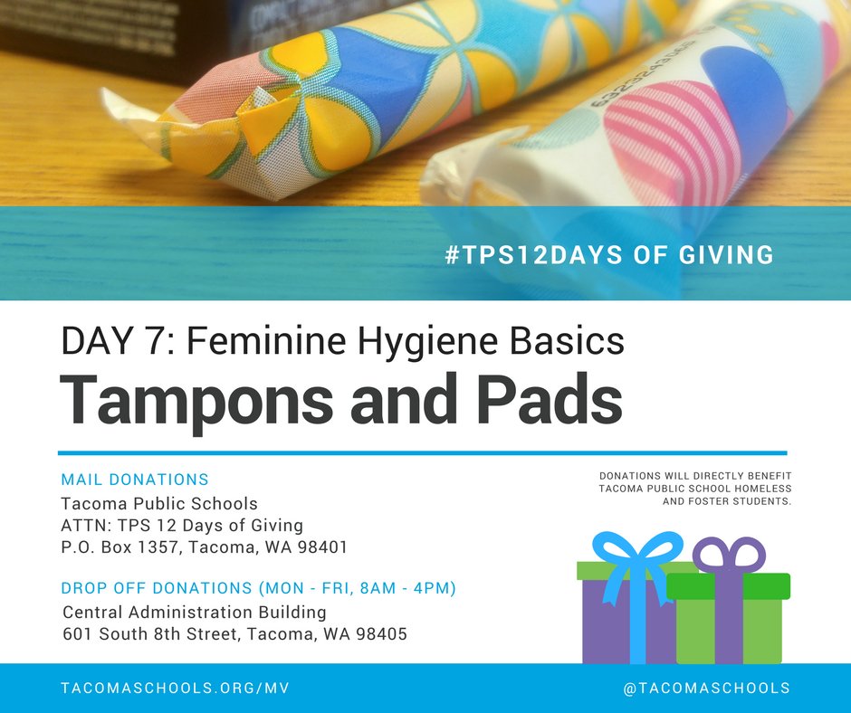 tacomaschools's tweet photo. Tampons and pads are an important basic need for women.  Your donation of this essential item will directly benefit our students.  #TPS12Days of Giving, Day 7: Tampons and Pads https://t.co/3UqVDBTTGq