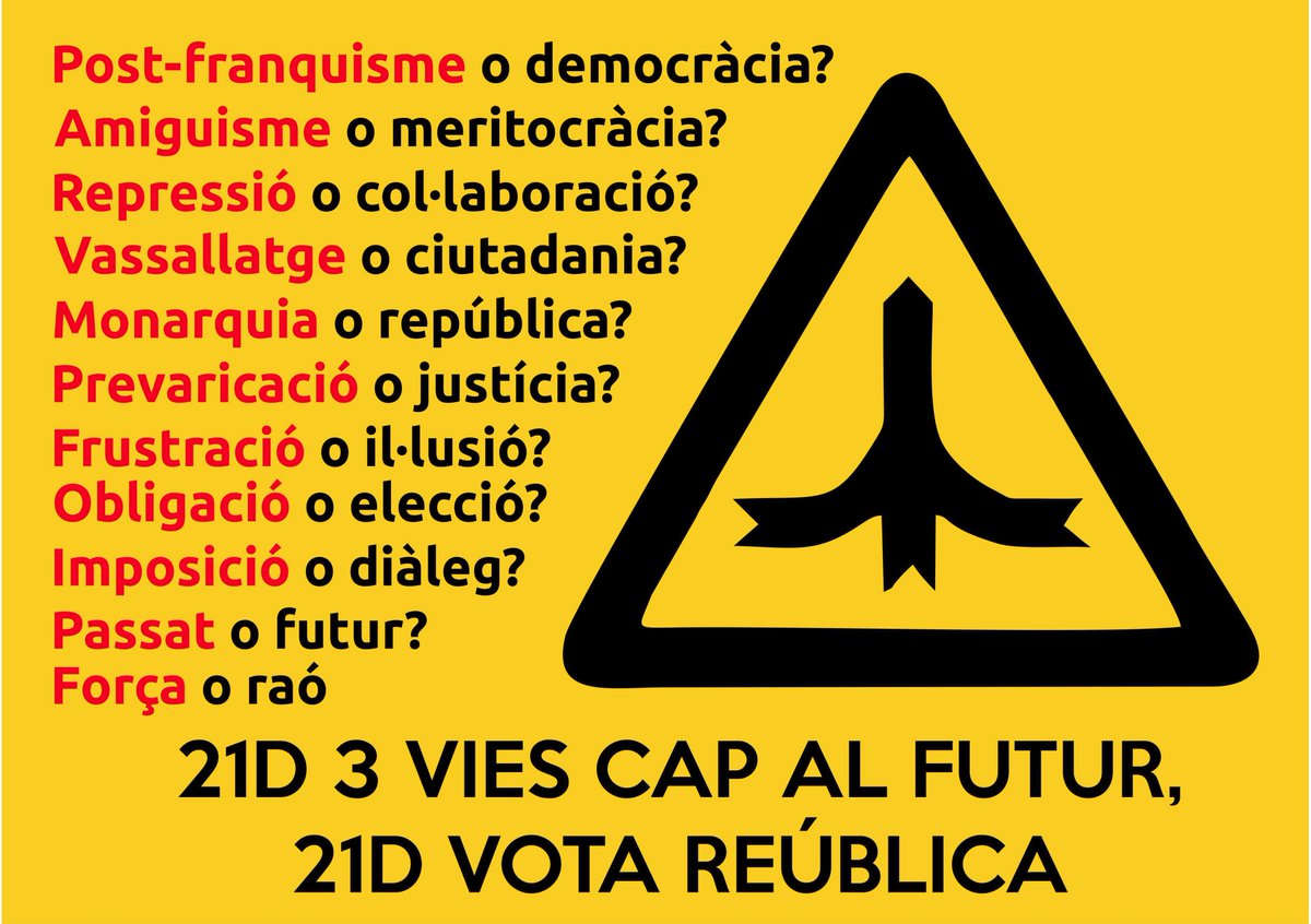 CDRSacalm's tweet photo. Recordeu, que aquestes eleccions tenen de tot menys normals, aquestes eleccións és si o no a catalunya, si o no al #art155, ens hi juguem el futur
#21D #21DVotaremRepública #CatalansDoThings #CatalanElections https://t.co/AphSL1dyZq