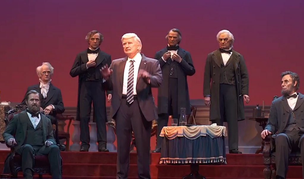 TheRickyDavila's tweet photo. So, Disney World added trump to the "Hall Of Presidents". 44 Presidents and the illegitimate, corrupt, racist, moronic coward accused by 16 women of sexual harassment, assault, groping and rape.

"Tear down that wall!" 🇺🇸

"Yes we can!" 🇺🇸

"grab her by the p***y" 🖕 https://t.co/DvDhy9txAs