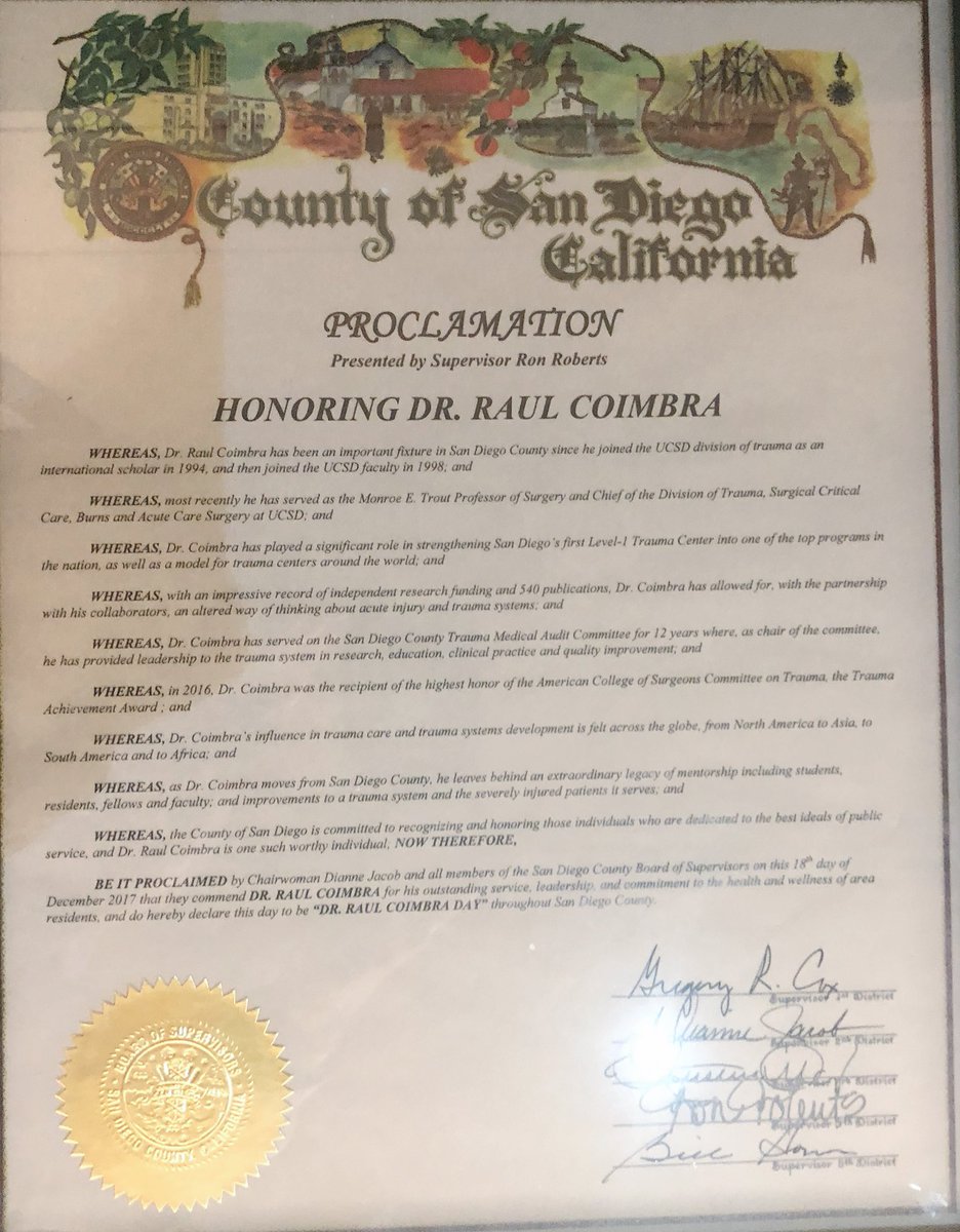 San Diego County EMS Director Kristi Koenig, MD presents proclamation declaring 12/18/2017 as “Dr. Raul Coimbra Day” in San Diego County in recognition of his leadership of the SD Trauma System. <a href="/UCSDTrauma/">UCSD Trauma Burn</a> <a href="/UCSDsurgery/">UC San Diego Surgery</a> <a href="/traumadoctors/">AAST</a>