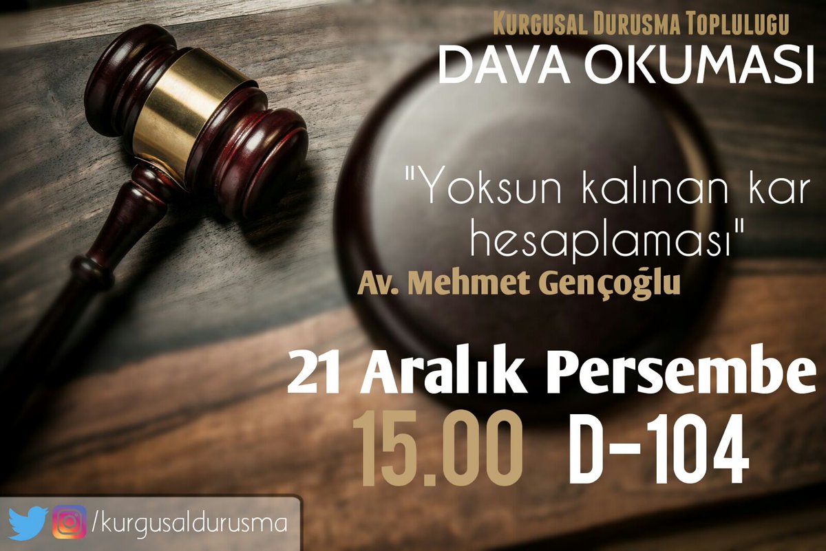 DÖNEMİ KAPATIYORUZ!!!

Kurgusal Duruşma Topluluğu Kurucu Başkanı Av.Mehmet Gençoğlu ile gerçekleştirecek olduğumuz "Yoksun Kalınan Kâr Hesaplaması" konulu dönem sonu Dava Okumamızda sizleri de aramızda görmekten mutluluk duyarız😊