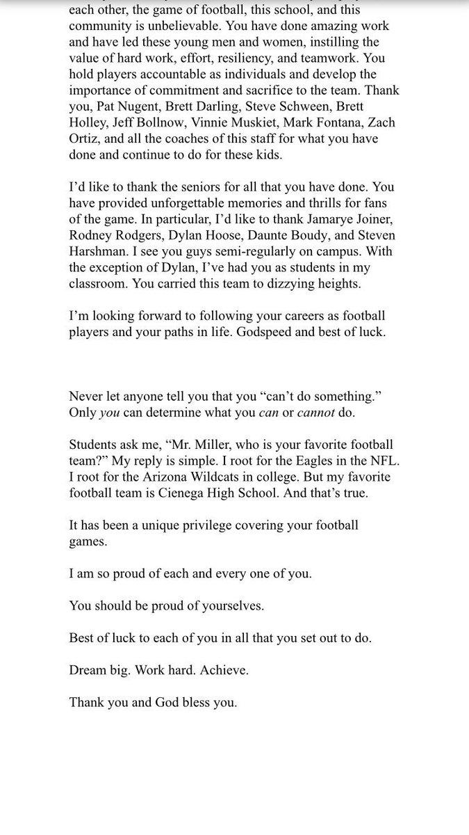 To Cienega Football, 
Sincerely,
  Mr. Miller